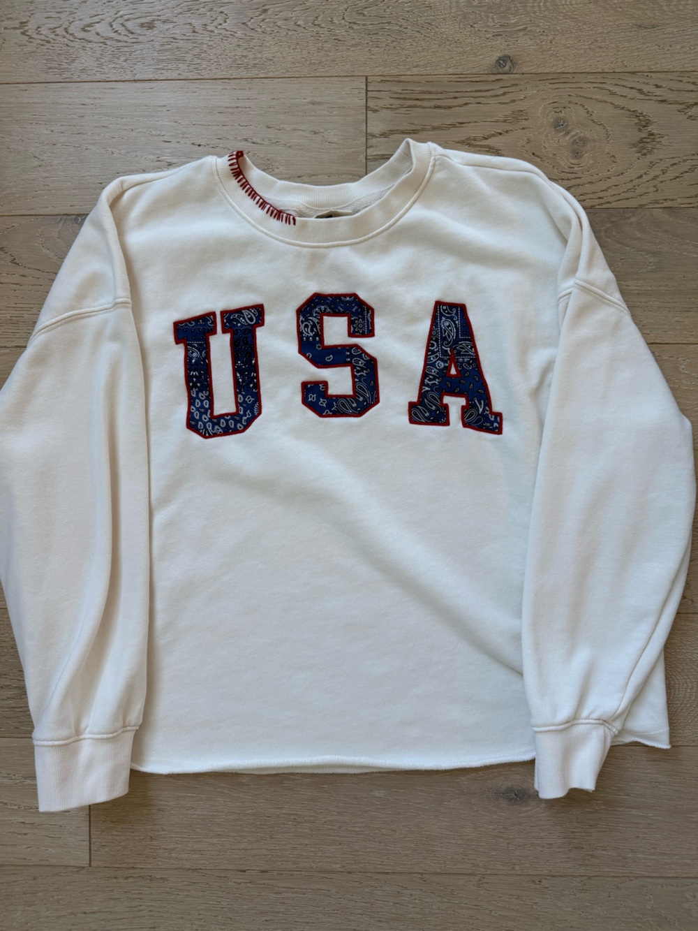 Universal Thread White Sweatshirt with Blue Paisley USA Appliqué